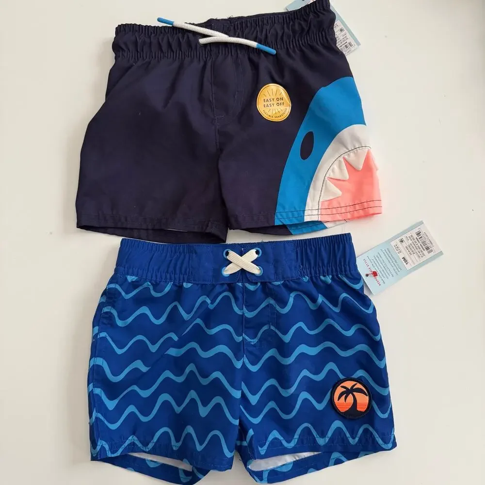 2x Cat & Jack swim trunks board shorts with liner blue wave shark print